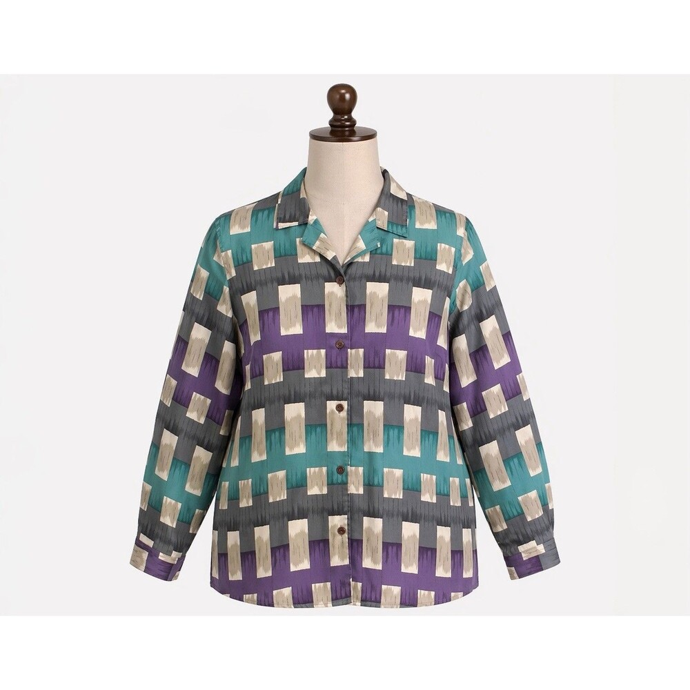 Alfred Dunner Womens 18W Plus Size Geometric Button Up Blouse Purple Teal